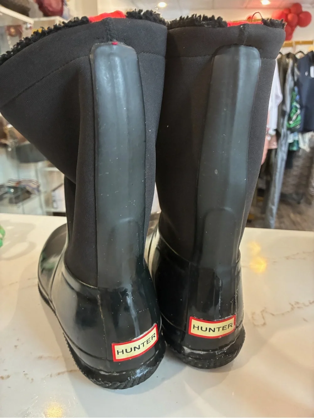 Hunter Black fleece lined Rain Boots with Red Logo Trim